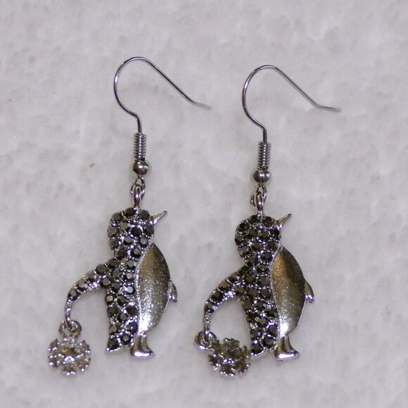 NEW Silver Penguin Dangle Earrings Black & Crystal Rhinestones - Picture 5 of 9